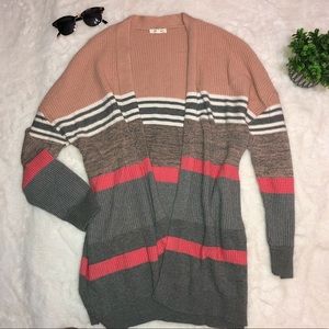 Pink Gray Striped Cardigan Sweater